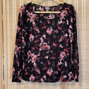 J. Jill Pink Red Black Abstract Floral Blouse M Art To Wear Thin Long Sleeve